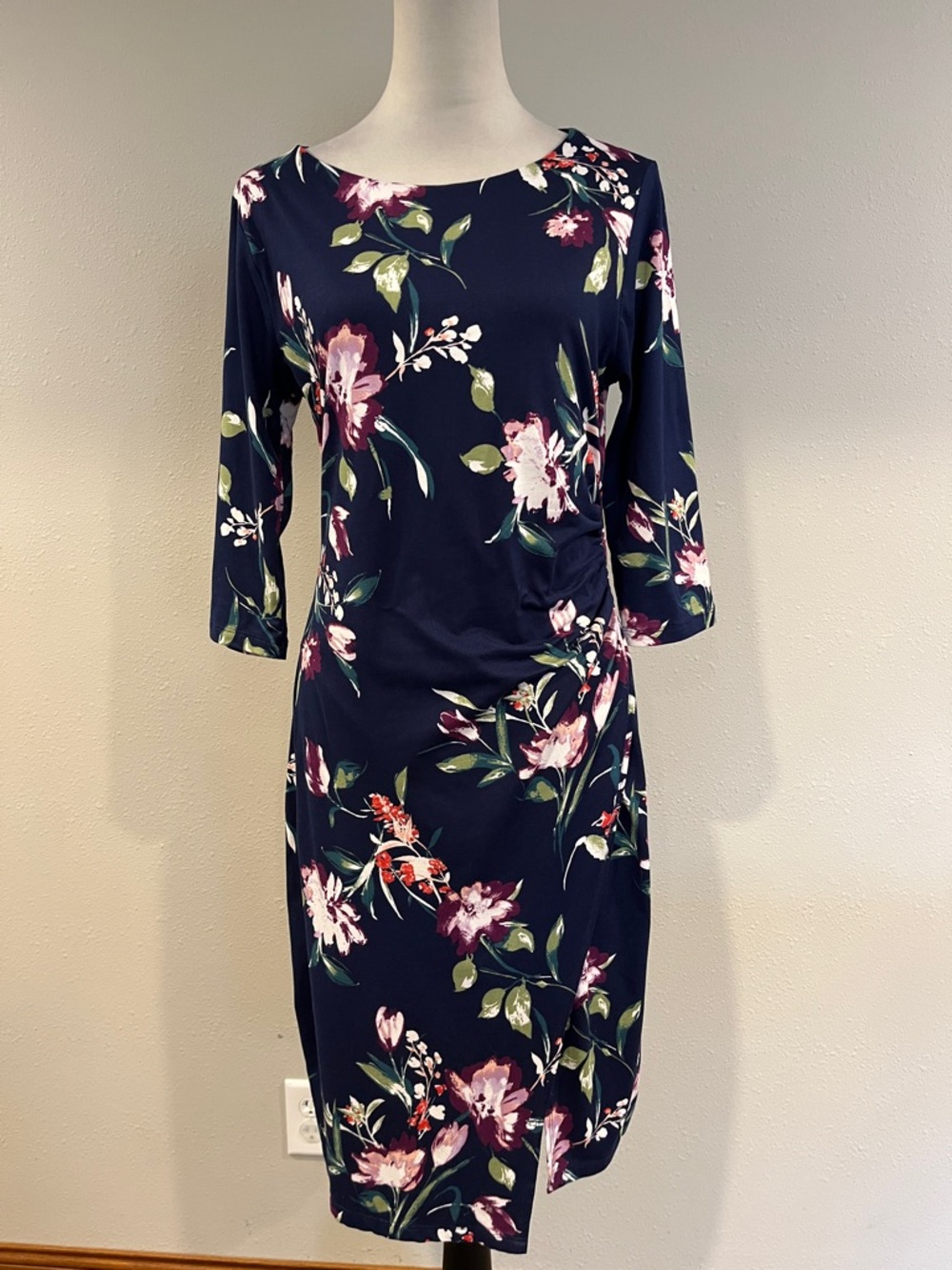 Maternity Floral Navy Sheath Dress with Pink Blooms‎